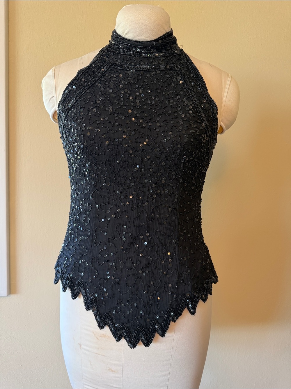 Vintage Sequin Embellished Black Halter Camisole medium